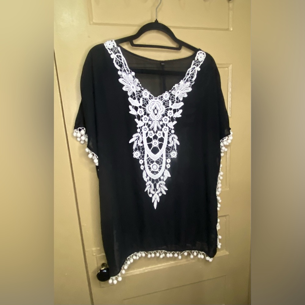 Black sheer lace front cover up.
